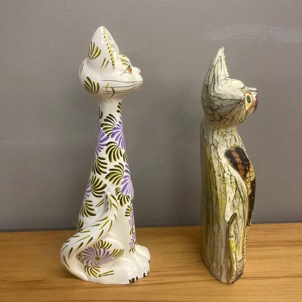 Tall Balinese Folk Art Carved Wooden Cat Sculpture H30cm & Ceramic Hand Painted Cat Sculpture H33cm Image 1++