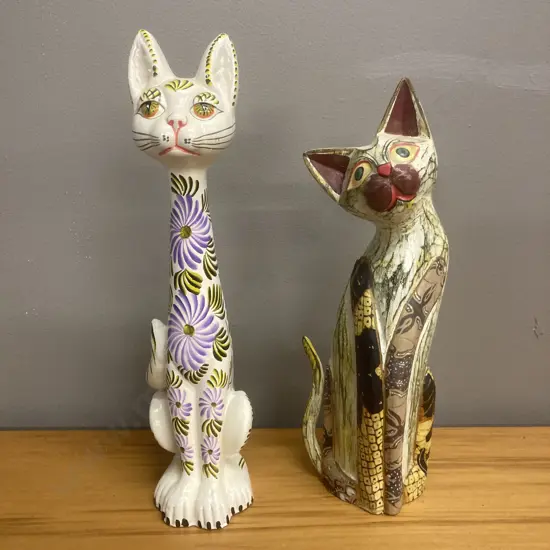 Tall Balinese Folk Art Carved Wooden Cat Sculpture H30cm & Ceramic Hand Painted Cat Sculpture H33cm