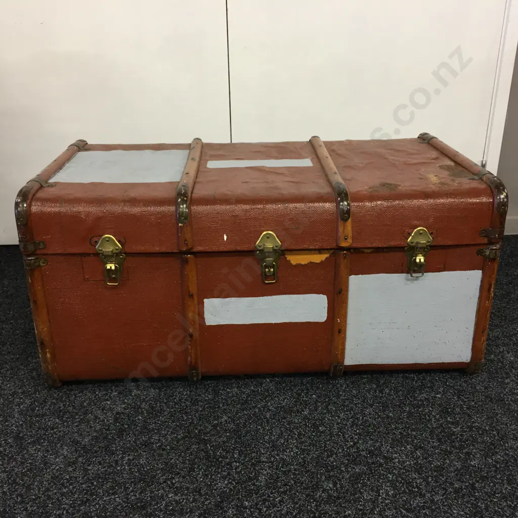 Vintage Steamer Trunk With Wooden Banding, H44 W92 D54cm Image 1++