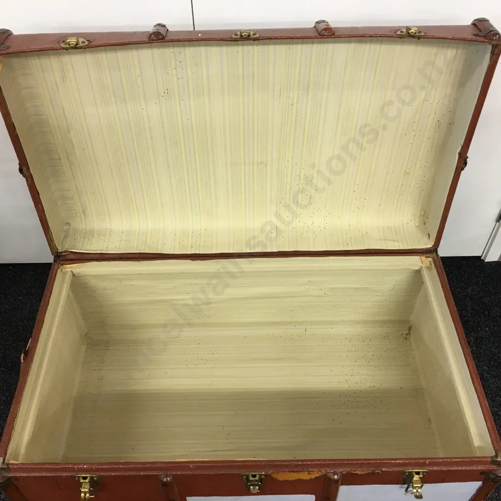 Vintage Steamer Trunk With Wooden Banding, H44 W92 D54cm Image 1++
