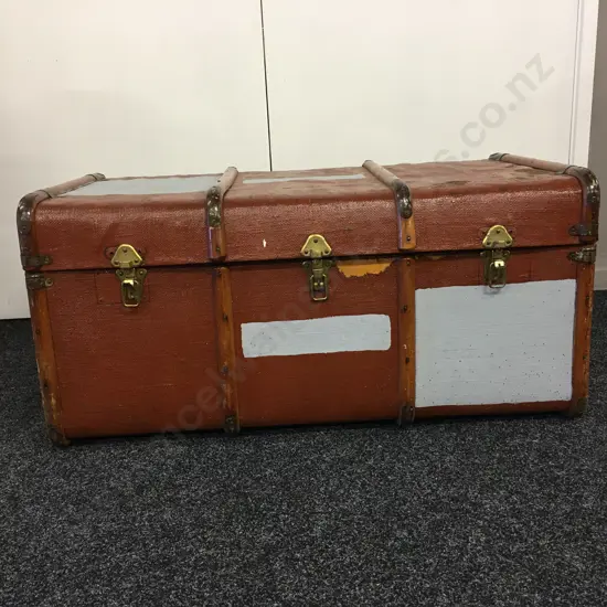 Vintage Steamer Trunk With Wooden Banding, H44 W92 D54cm