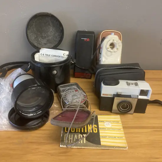 Vintage Kodak INSTAMATIC 25 Camera With Original Case, Hanimex 110FR Camera, Weston Master V Light Meter Etc