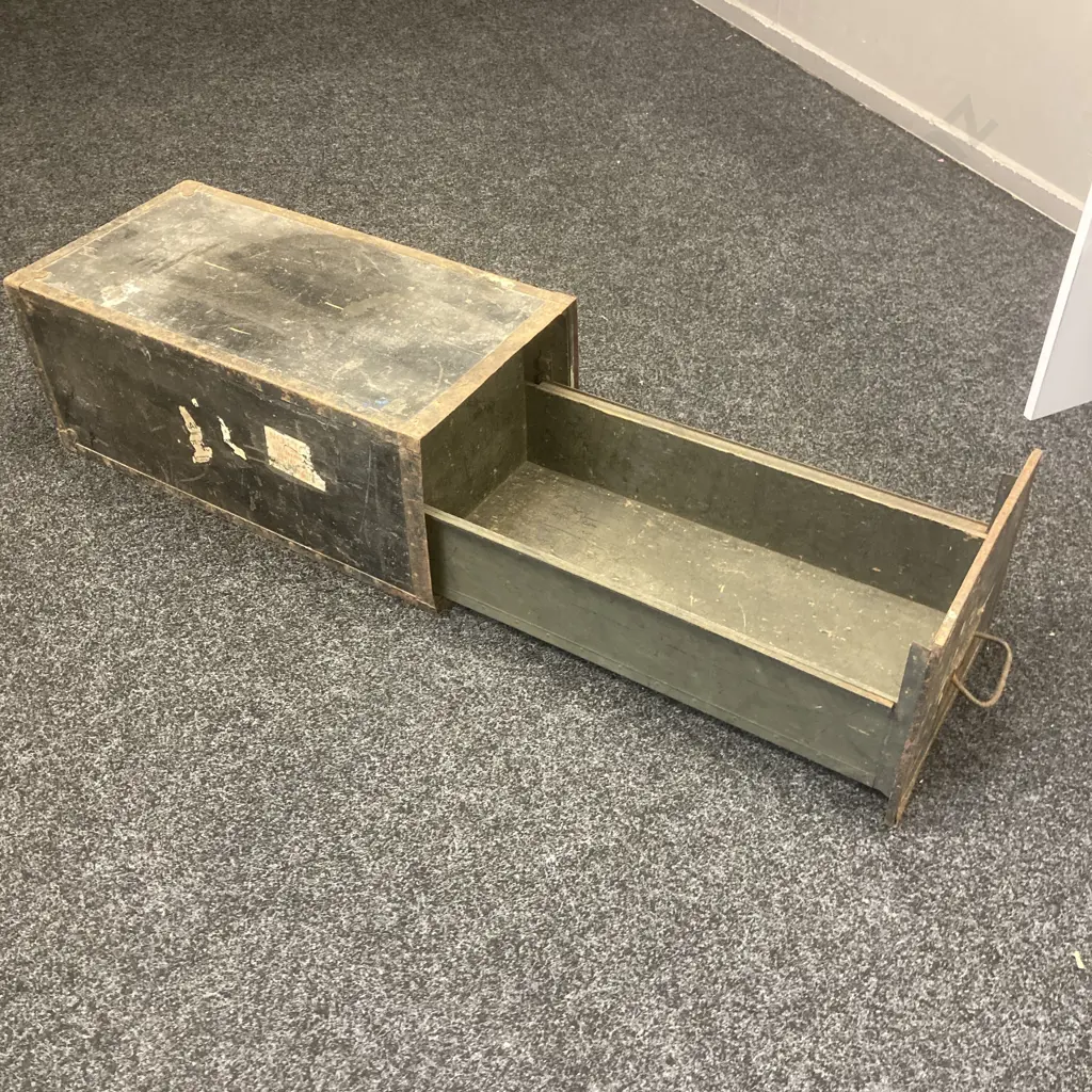 Vintage Wooden Storage Drawer, Steel Bound, H31 W75 D38cm Image 1++