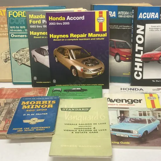 Lot of 12 Manuals - Haynes Workshop Manuals, Morris Minor 800-1000, Chilton, Autobooks, Vanguard Owners Handbook