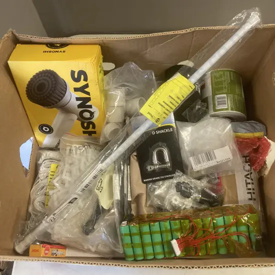 Box Lot Synesh Power Spin Scrubber, Tent Pegs, Tools Etc