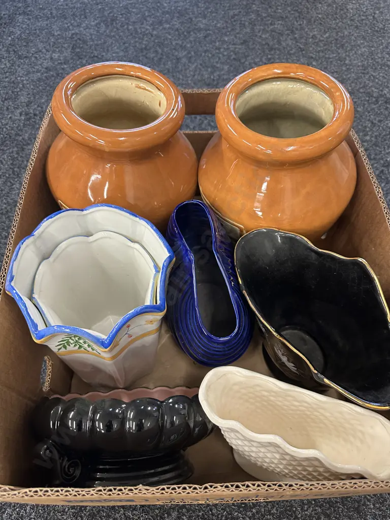 Box Of Assorted Vases & Black Bowl Image 1++