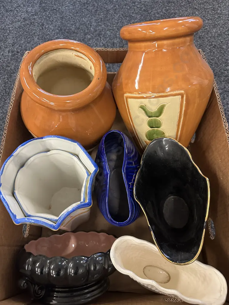 Box Of Assorted Vases & Black Bowl Image 1++