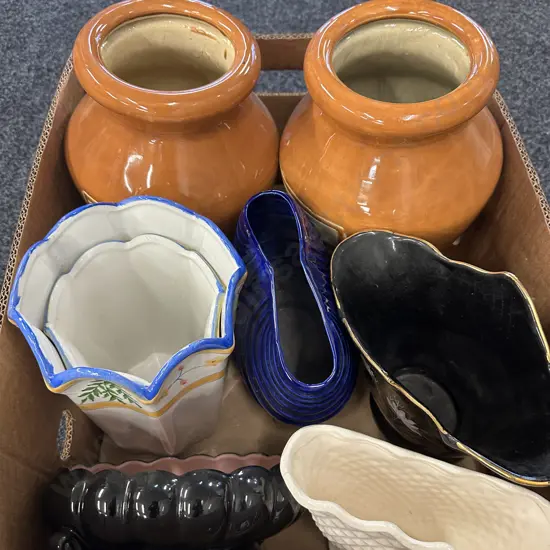 Box Of Assorted Vases & Black Bowl