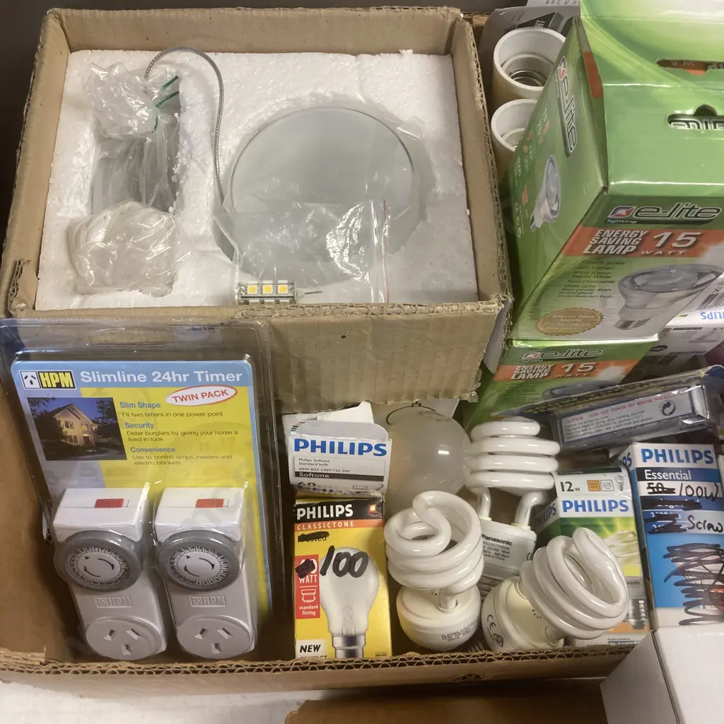 Box Lot Light Bulbs, Slimline Timers, Sensor Light, Halogens Etc (2 x Boxes) Image 1++