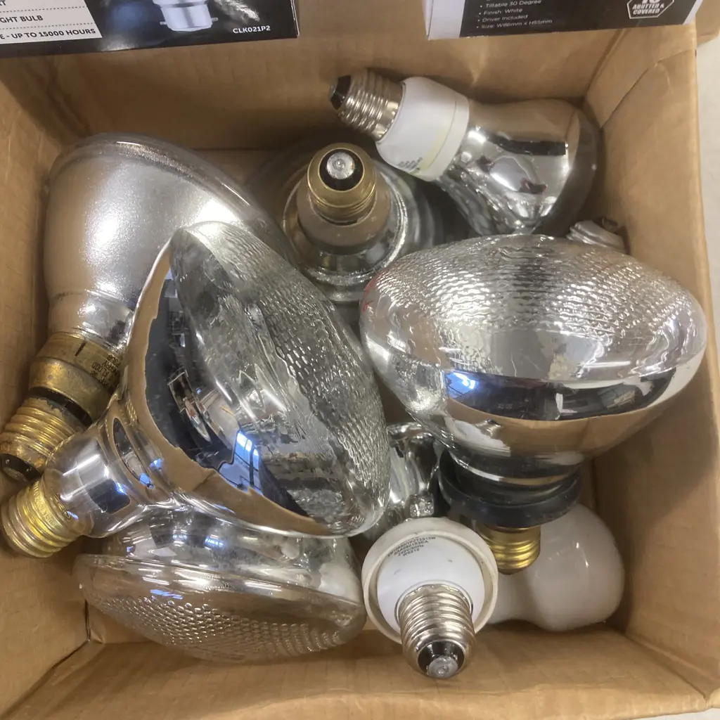 Box Lot Light Bulbs, Slimline Timers, Sensor Light, Halogens Etc (2 x Boxes) Image 1++