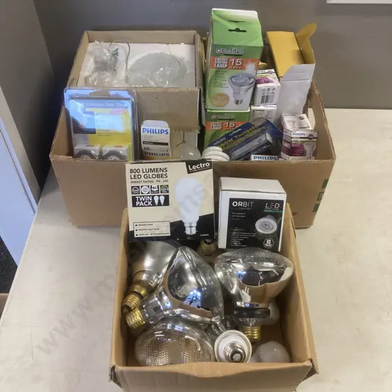 Box Lot Light Bulbs, Slimline Timers, Sensor Light, Halogens Etc (2 x Boxes)