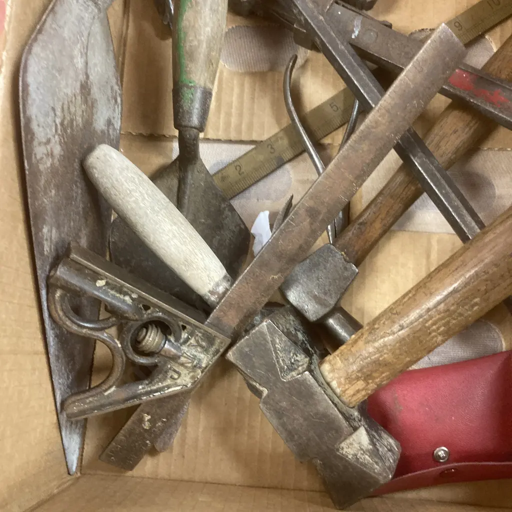 Box Lot Vintage Blacksmiths Hammer, Fskilstuna Level, JNY Square Etc Image 1++