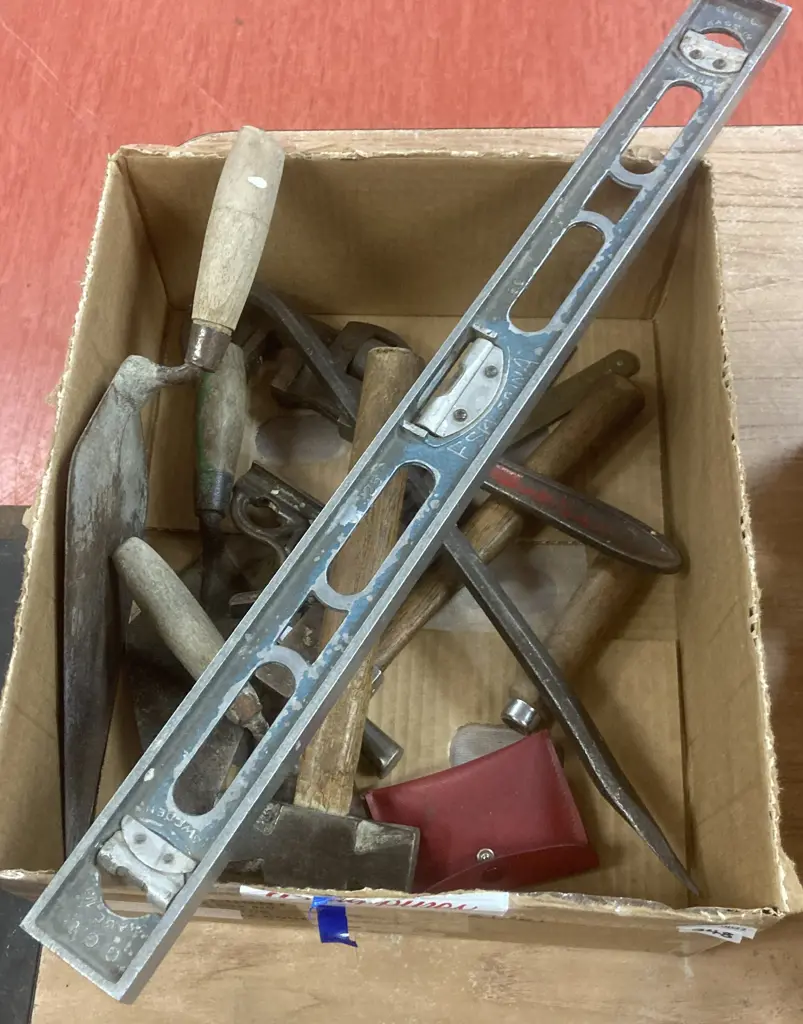 Box Lot Vintage Blacksmiths Hammer, Fskilstuna Level, JNY Square Etc Image 1++