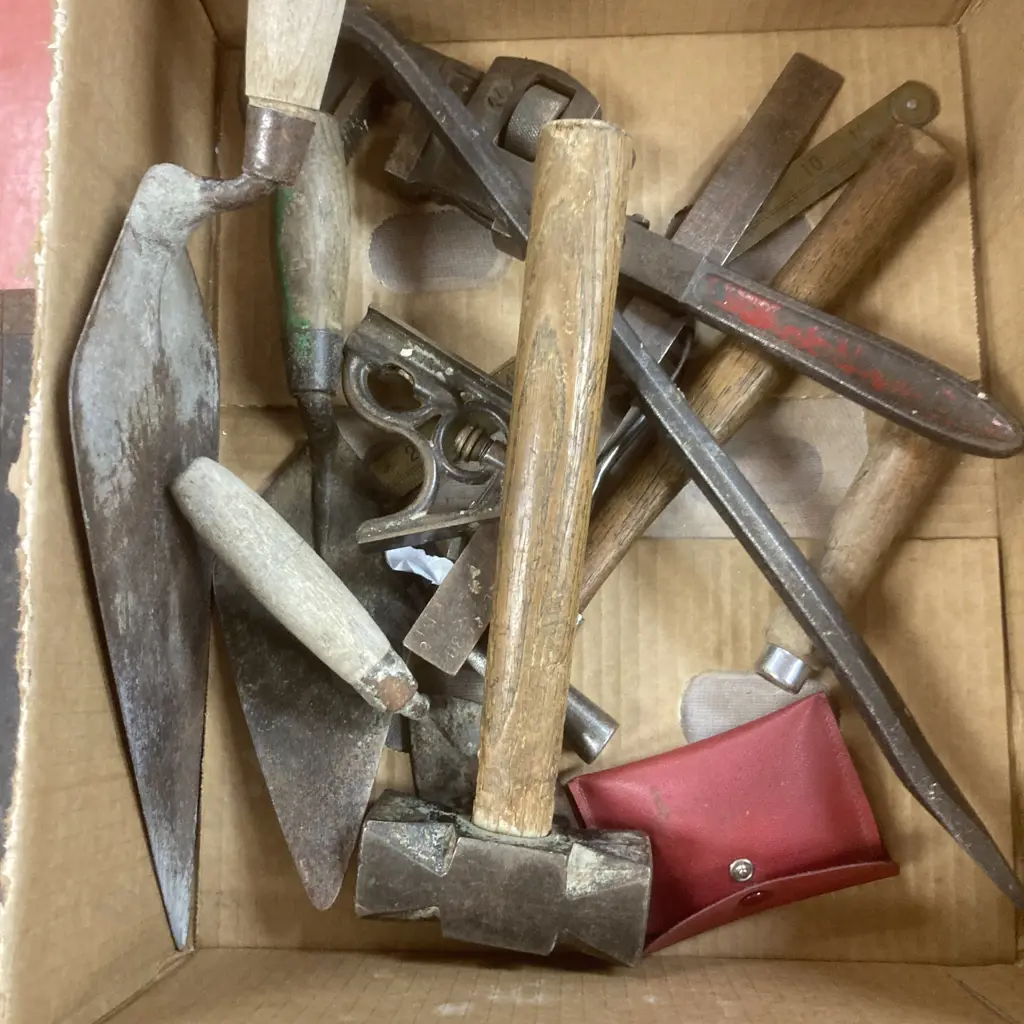 Box Lot Vintage Blacksmiths Hammer, Fskilstuna Level, JNY Square Etc Image 1++