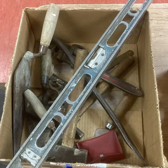 Box Lot Vintage Blacksmiths Hammer, Fskilstuna Level, JNY Square Etc