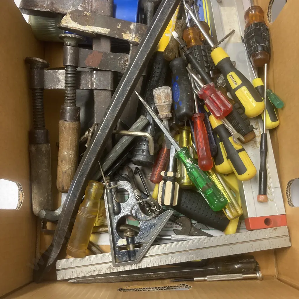 Box lot Crowbar, Clamps, Screwdrivers Etc Image 1++