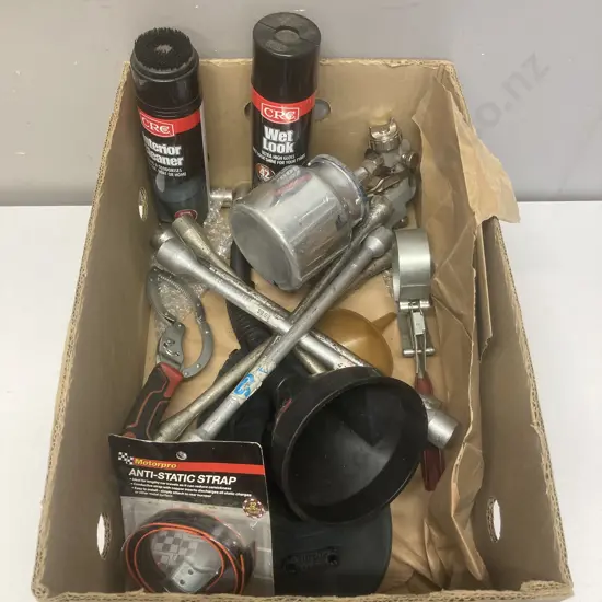 Box Lot CRC Cleaners, Wheel Braces, Filter Wrenches Etc