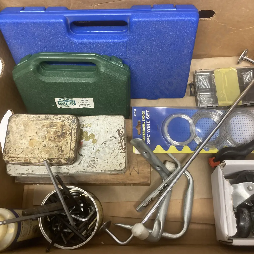 Box lot Toolkit, Drill Bits, Hardware, Wallpapering Gear Etc Image 1++