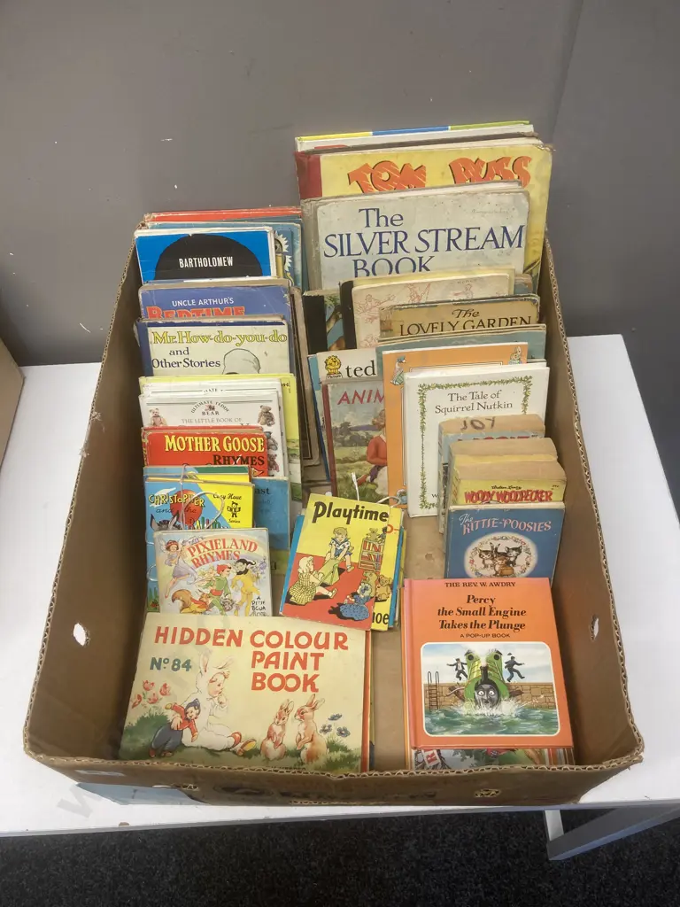 Box lot Vintage Childrens Books, Hidden Colour Paint, Tom Puss Tales Etc Image 1++