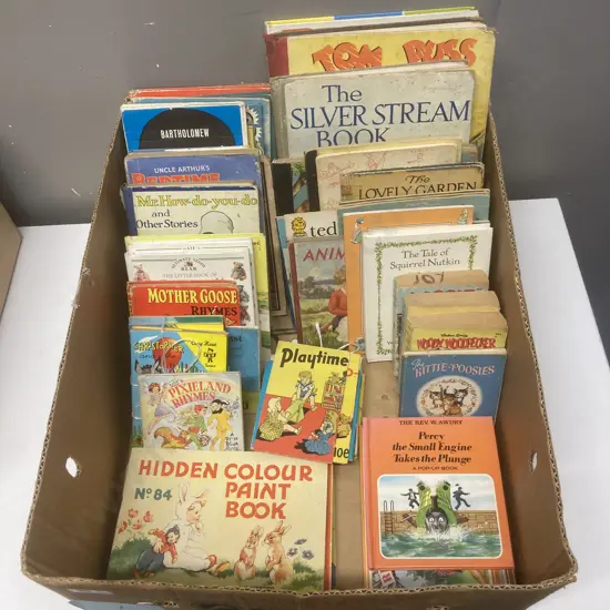 Box lot Vintage Childrens Books, Hidden Colour Paint, Tom Puss Tales Etc