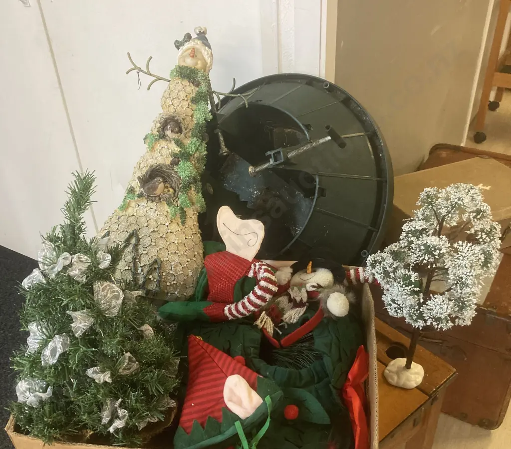 Box lot Small Christmas Trees, Cinco Classic Xmas Tree Stand & Assorted Christmas Items Image 1++