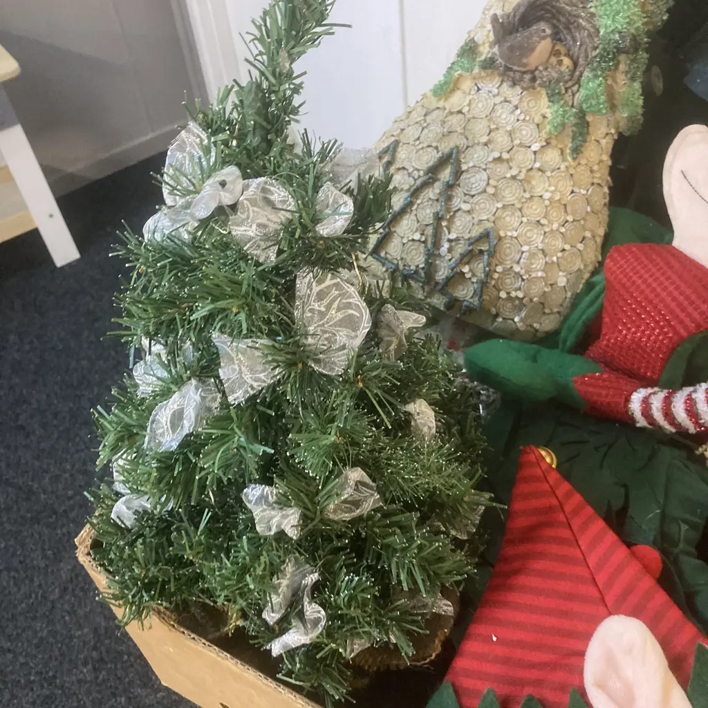 Box lot Small Christmas Trees, Cinco Classic Xmas Tree Stand & Assorted Christmas Items Image 1++