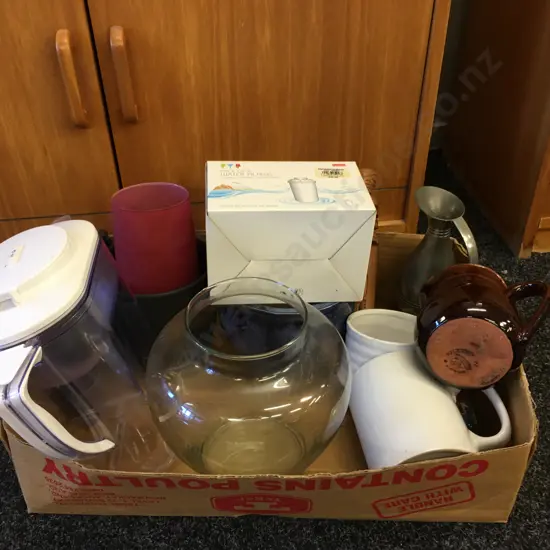 Box Lot Italian Pottery Jug, Selangor Pewter Jug, Tiki Letter Opener, Etc