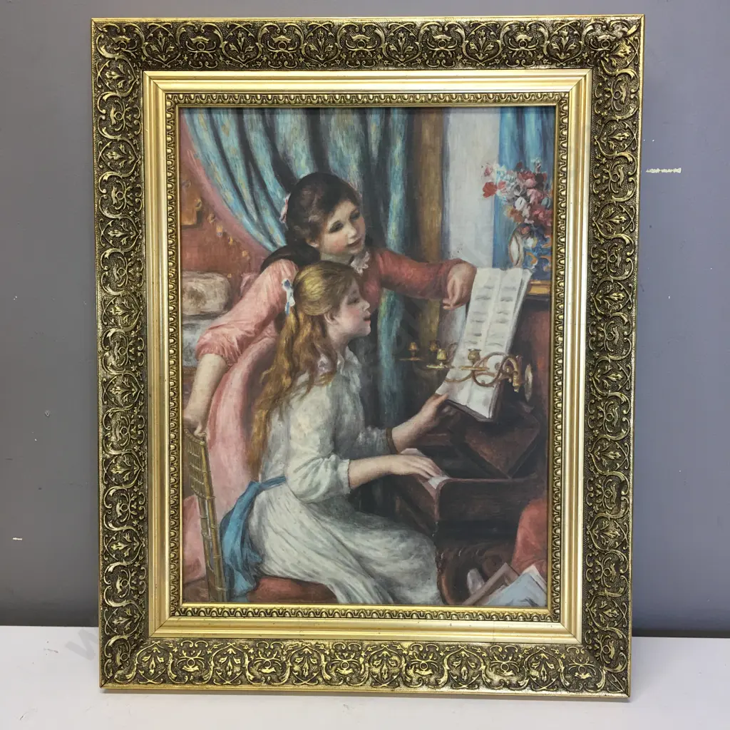 Vintage Gilt Framed Artwork "Girls Playing Piano" 51x41cm. Image 1++