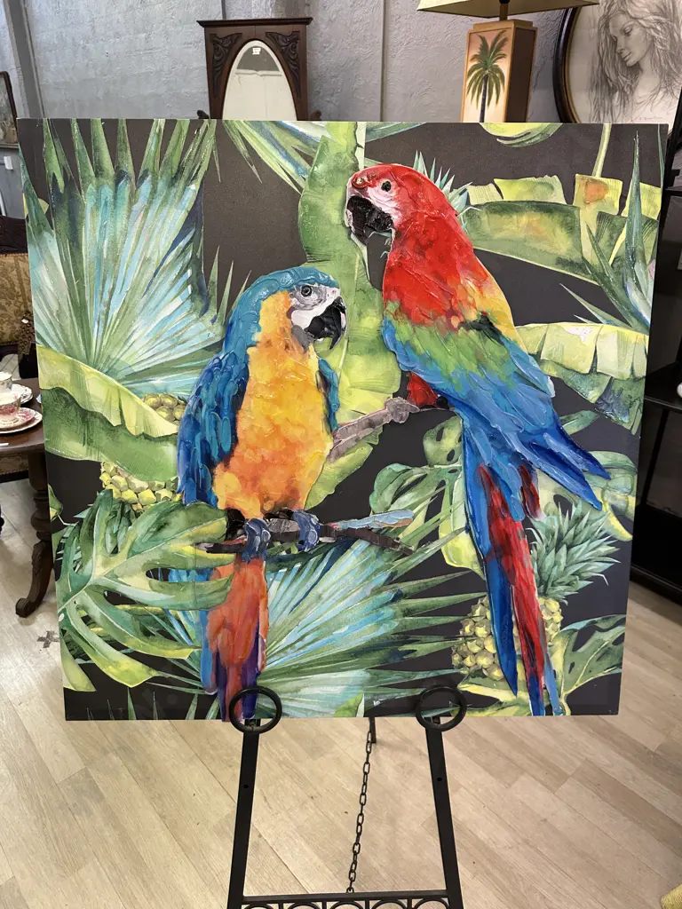 Artwork On Canvas Jungle & Parrots Scene 80x80cm Image 1++
