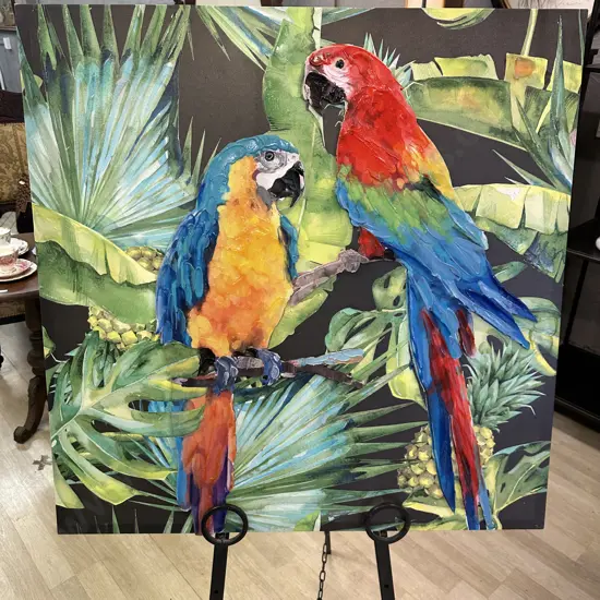 Artwork On Canvas Jungle & Parrots Scene 80x80cm