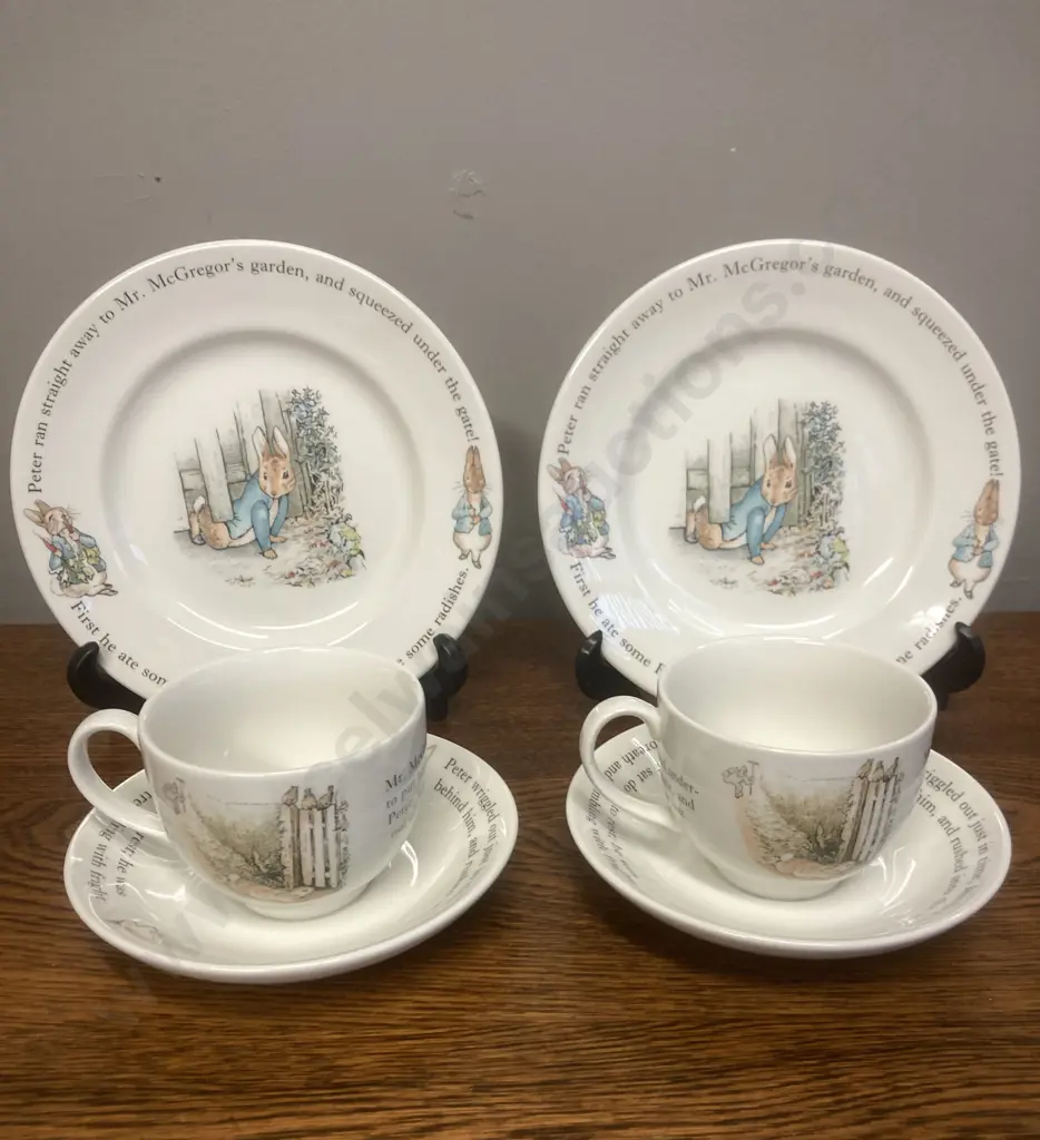 Pair of Wedgwood Beatrix Potter Peter Rabbit Trios - Teacup & Saucer With Plate Image 1++