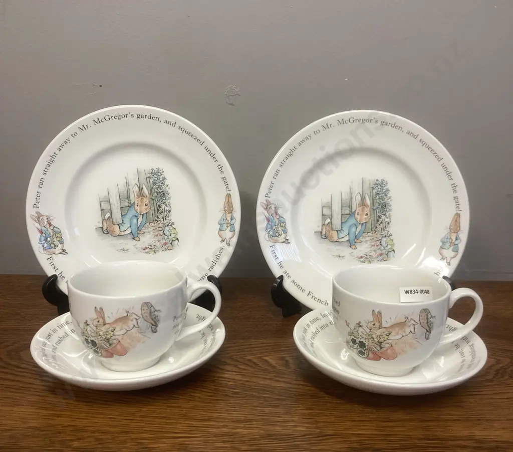 Pair of Wedgwood Beatrix Potter Peter Rabbit Trios - Teacup & Saucer With Plate Image 1++