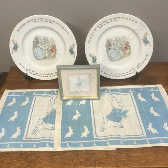 Wedgwood Beatrix Potter Peter Rabbit Dinner Plates, 25cm With Framed Lithograph & Pair of Linen Table Mats