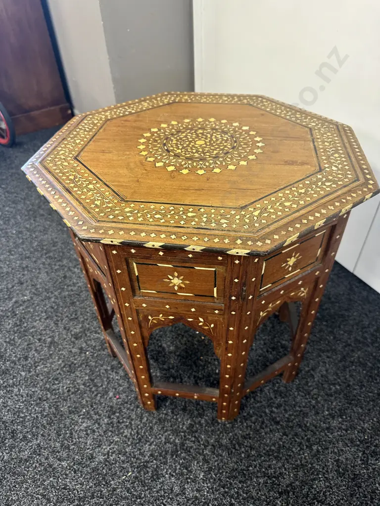 Indian Themed Side Table Octogan Inlaid Detail Foldup  Image 1++