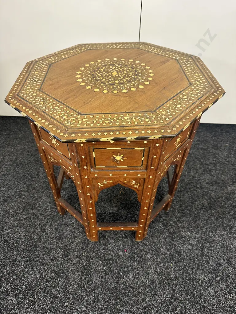 Indian Themed Side Table Octogan Inlaid Detail Foldup  Image 1++