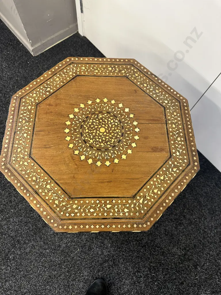 Indian Themed Side Table Octogan Inlaid Detail Foldup  Image 1++