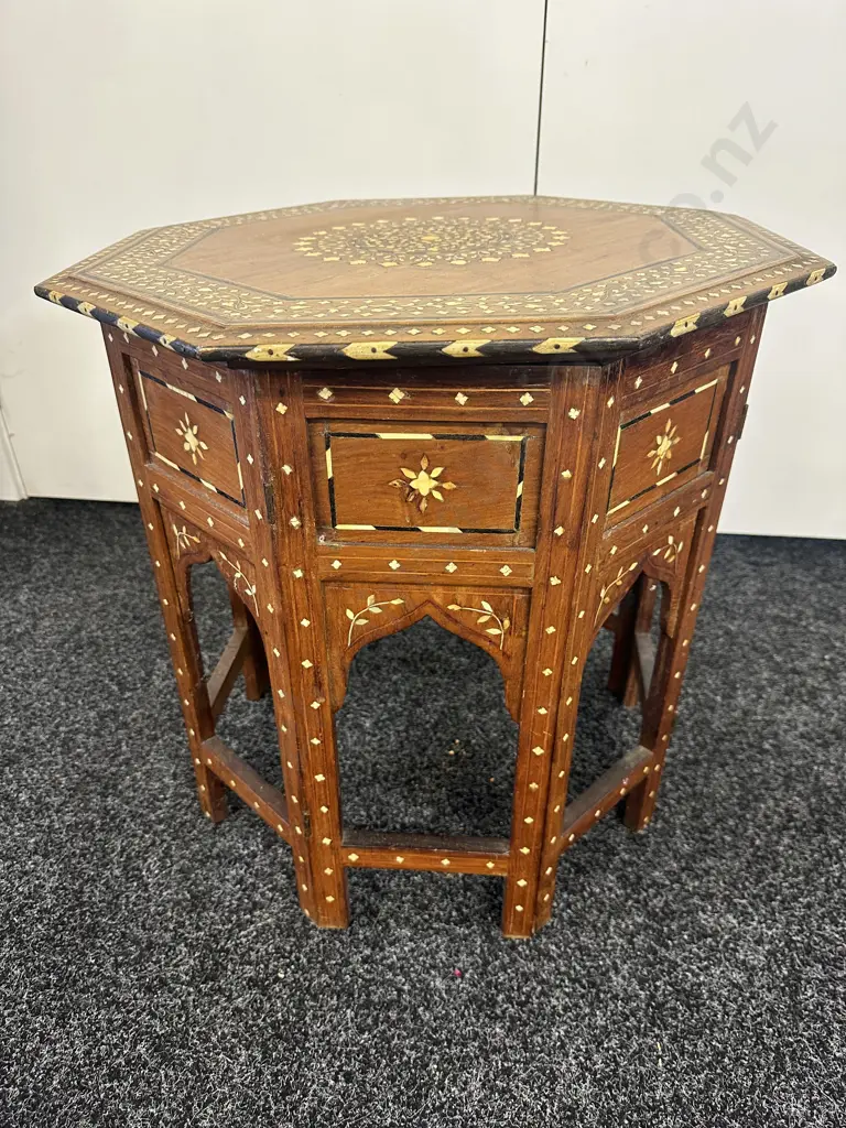Indian Themed Side Table Octogan Inlaid Detail Foldup  Image 1++