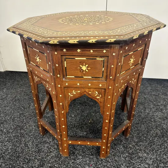Indian Themed Side Table Octogan Inlaid Detail Foldup 