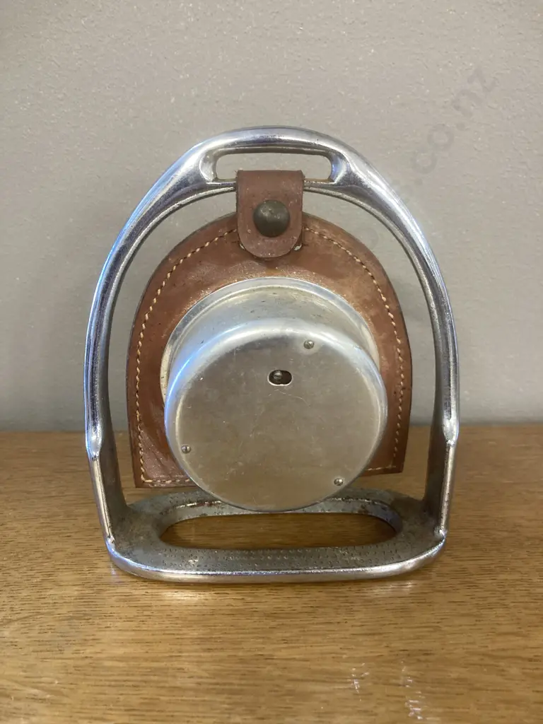 Vintage Equestrian English Stirrup Shaped Barometer, Leather Surround Image 1++