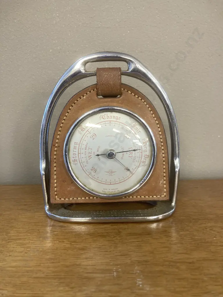 Vintage Equestrian English Stirrup Shaped Barometer, Leather Surround Image 1++