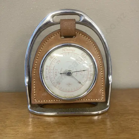 Vintage Equestrian English Stirrup Shaped Barometer, Leather Surround