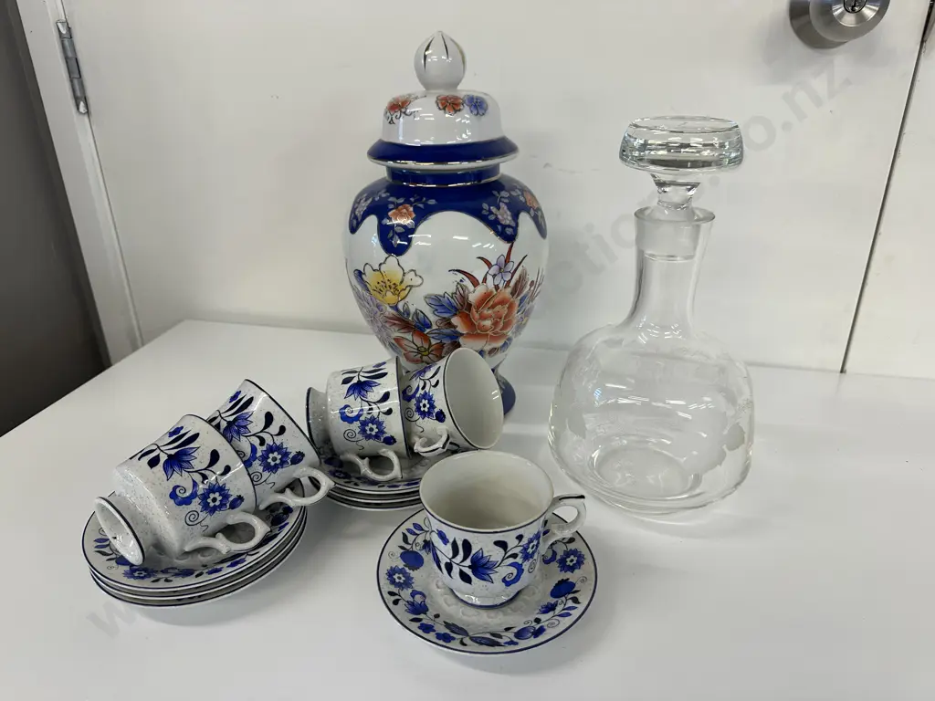 Lidded Cannister, Crystal Decanter & Royal China Duos Image 1++