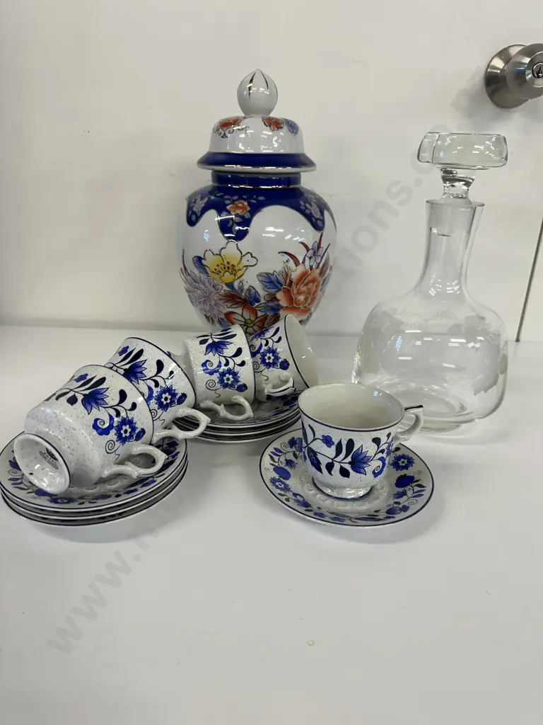 Lidded Cannister, Crystal Decanter & Royal China Duos Image 1++