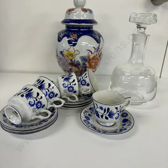 Lidded Cannister, Crystal Decanter & Royal China Duos