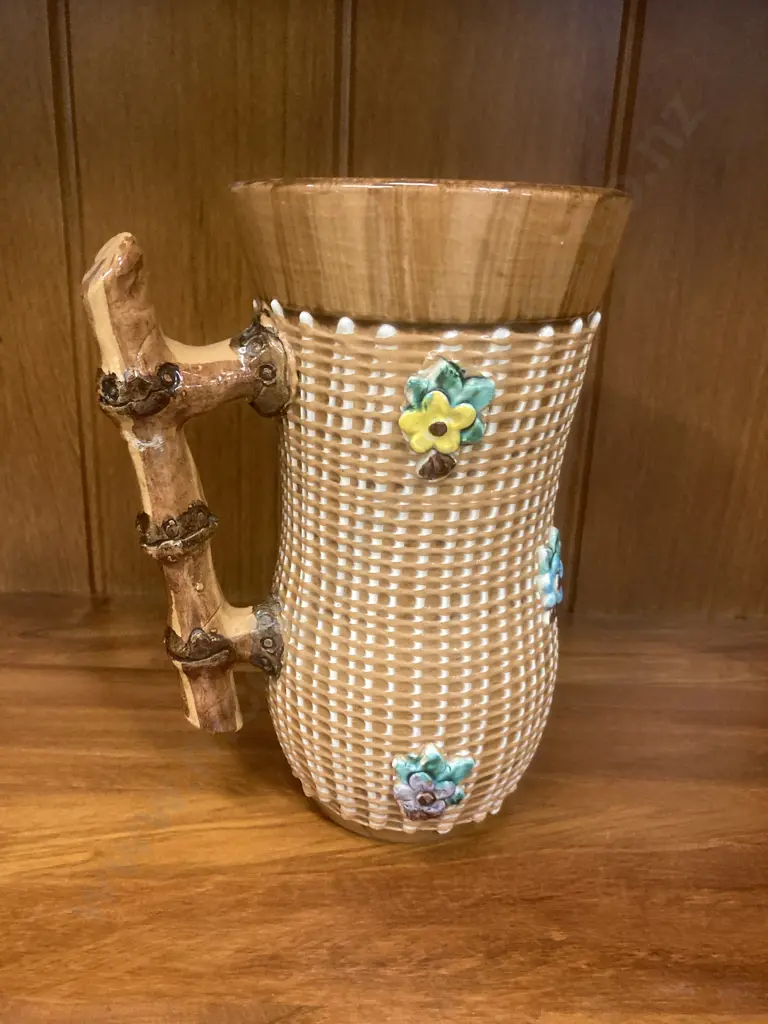 Vintage 1950s Italian Art Pottery Basket Weave Jug, marked 601 Italy On Base, 21cm Image 1++