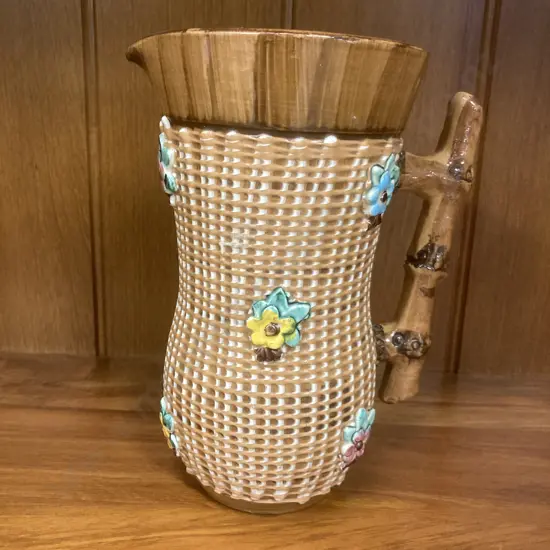 Vintage 1950s Italian Art Pottery Basket Weave Jug, marked 601 Italy On Base, 21cm