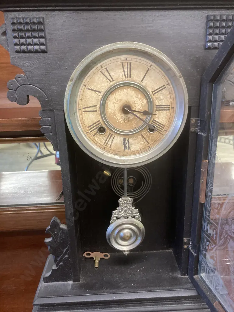 Antique Ansonia Gingerbread Wooden Chiming Mantel Clock With Key, H56cm Image 1++