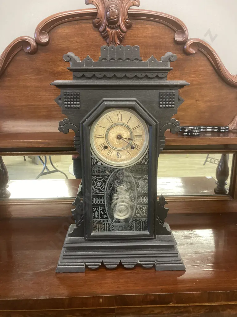 Antique Ansonia Gingerbread Wooden Chiming Mantel Clock With Key, H56cm Image 1++