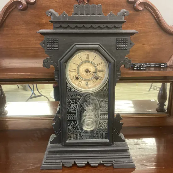 Antique Ansonia Gingerbread Wooden Chiming Mantel Clock With Key, H56cm