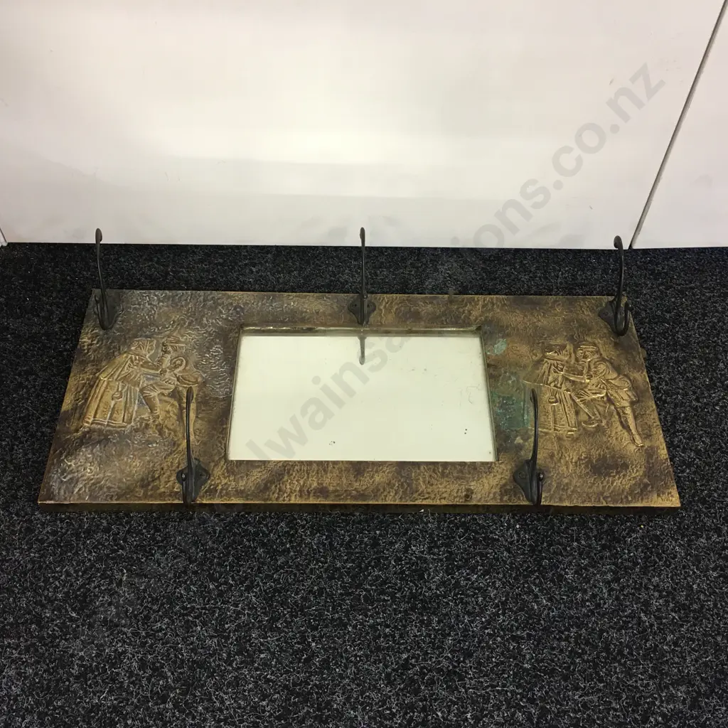Brass Art Wall Hung Coat Rack Repousse Figural With Mirror Image 1++